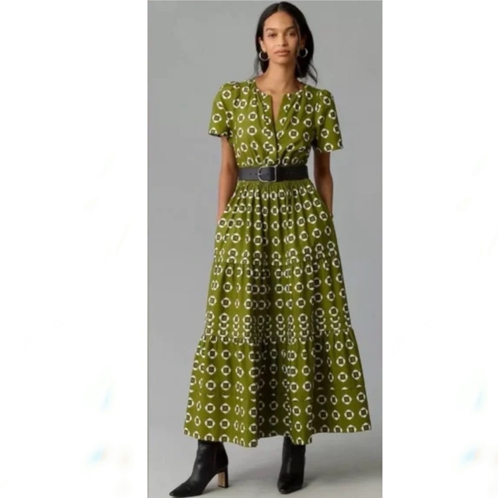 Anthropologie Somerset Moss Green Tiered Maxi Dress with Flutter Sleeves